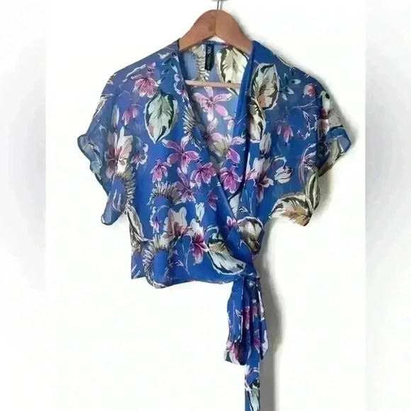 Zara Women’s Floral Blue Sheer Wrap Waist Coastal Euro Summer Boho Top XS - Picture 1 of 11
